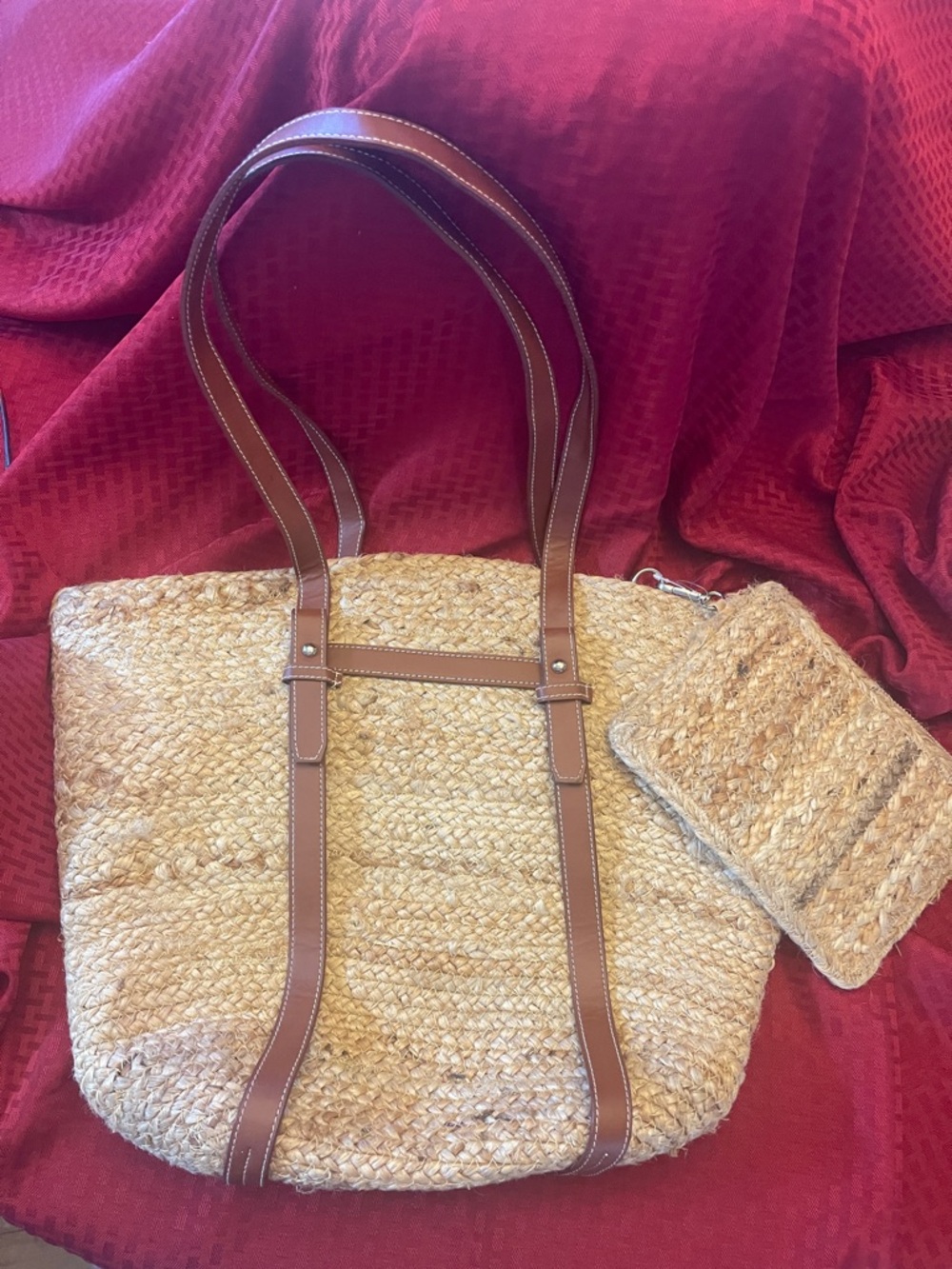 Haute Hippie Natural Straw Tote with Brown Trim and Pouch